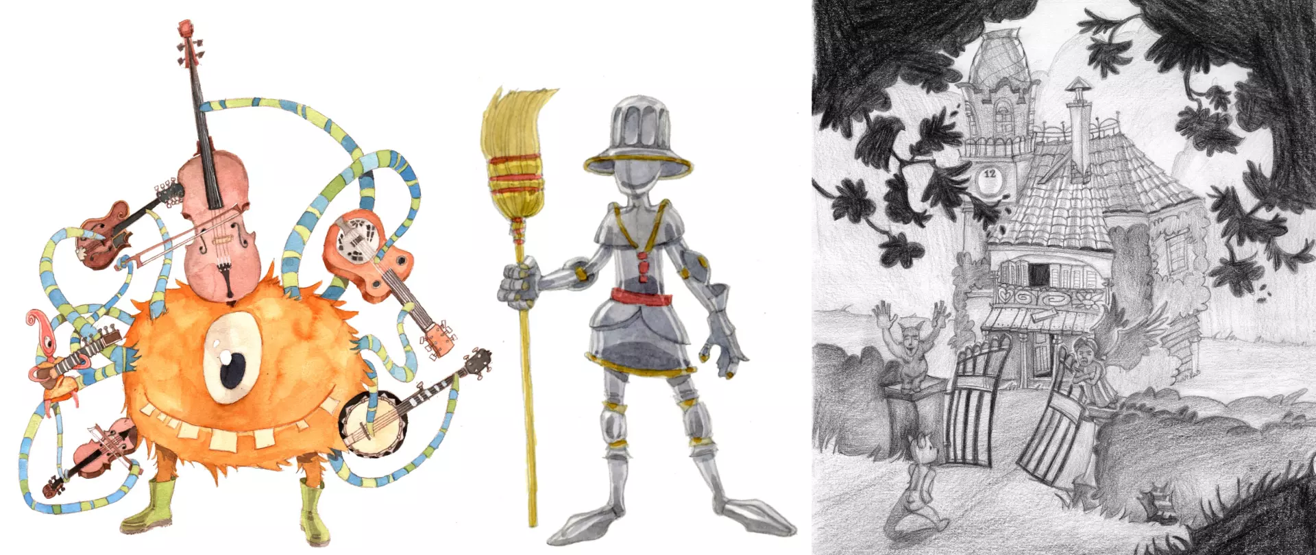 Fantasievolle Comic-Figuren in buntem und schwarz-weißem Stil zeigen einfache Formen und kreative Geschichtenentwicklungen