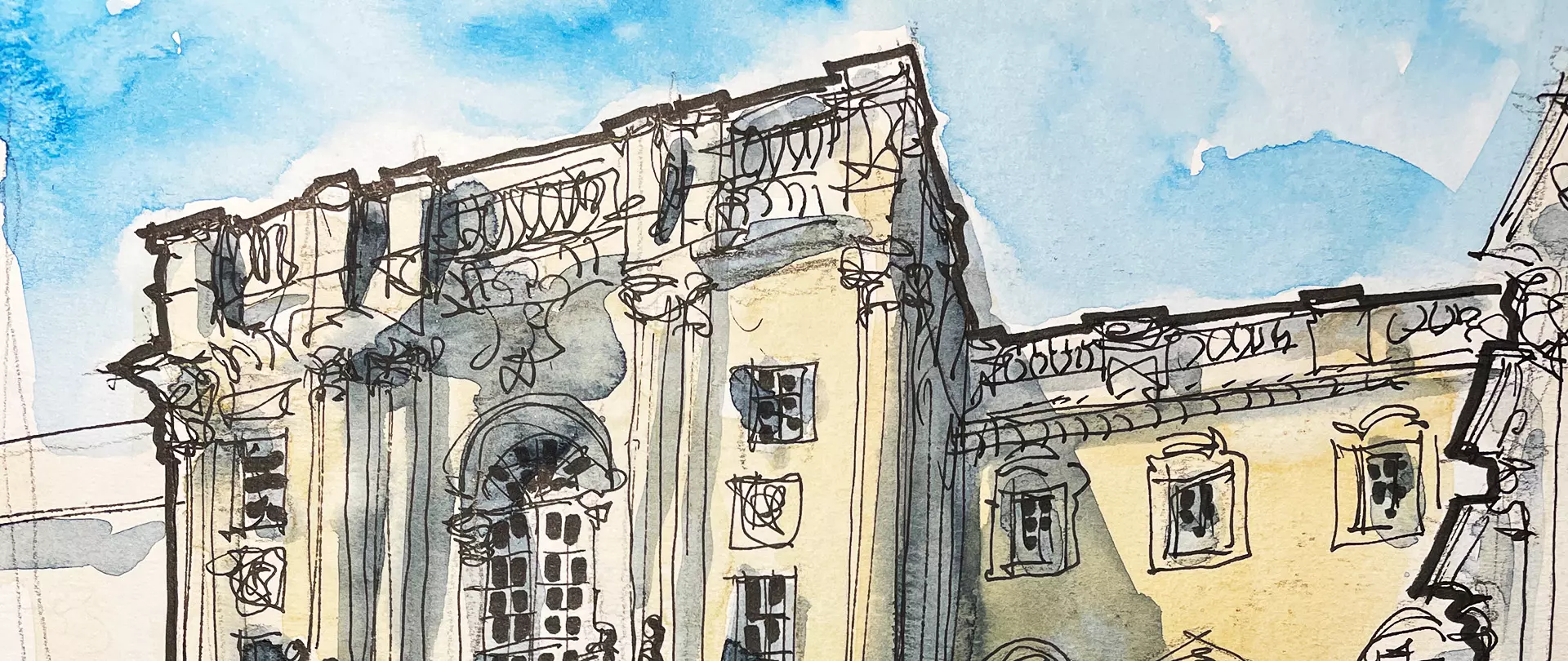 Architekturzeichnung einer historischen Fassade mit markanten Säulen und Fenstern in Aquarell- und Tintenstil