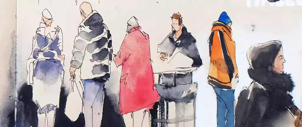 Mehrere stilisierte, flüchtig skizzierte und aquarellierte Figuren in urbaner Szenerie, die lebendig Bewegung und Alltag darstellen