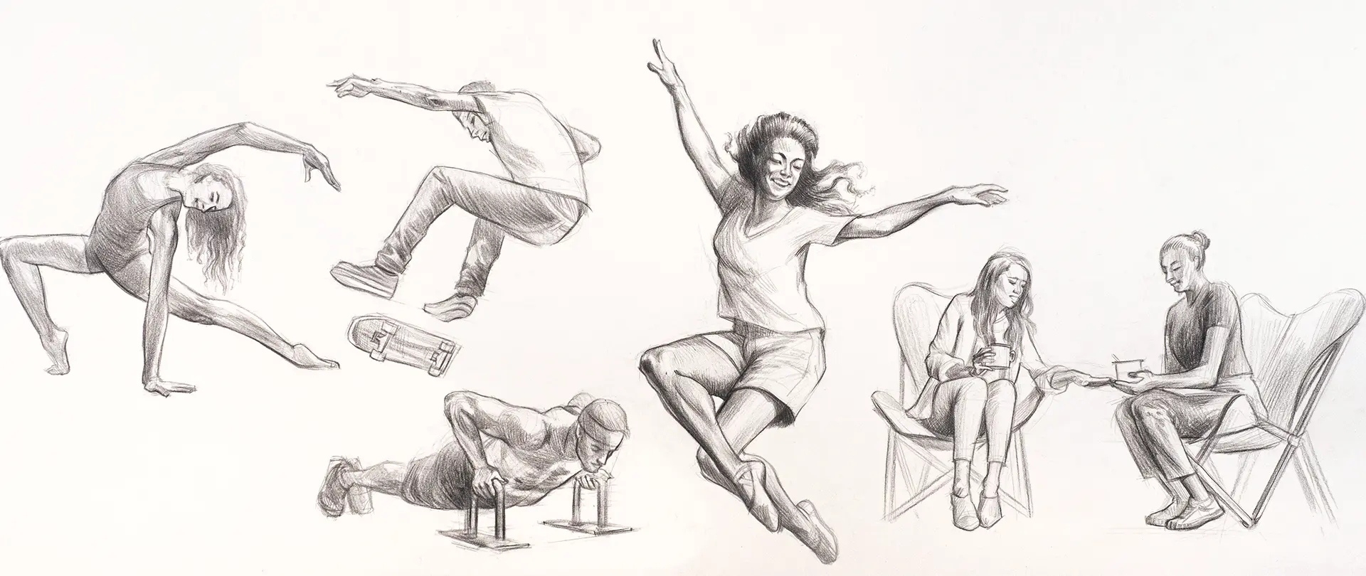 Skizzen von Menschen in verschiedenen dynamischen Posen, die Bewegung, Anatomie und Alltagssituationen für Einsteiger im After Work-Kurs darstellen