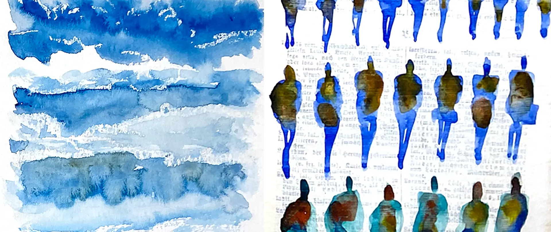 Abstrakte blaue Wasserfarbe-Wolken links und schemenhafte bunte menschliche Figuren auf weißem Hintergrund rechts, Symbol für Entspannung und kreative Inspiration