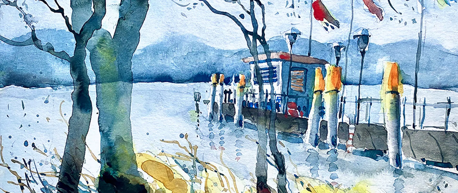 Aquarellmalerei eines Seeufers mit Steg, Baumstämmen und beruhigender Landschaft, die die natürliche Schönheit und lockere Maltechnik in lebendigen Farben zeigt