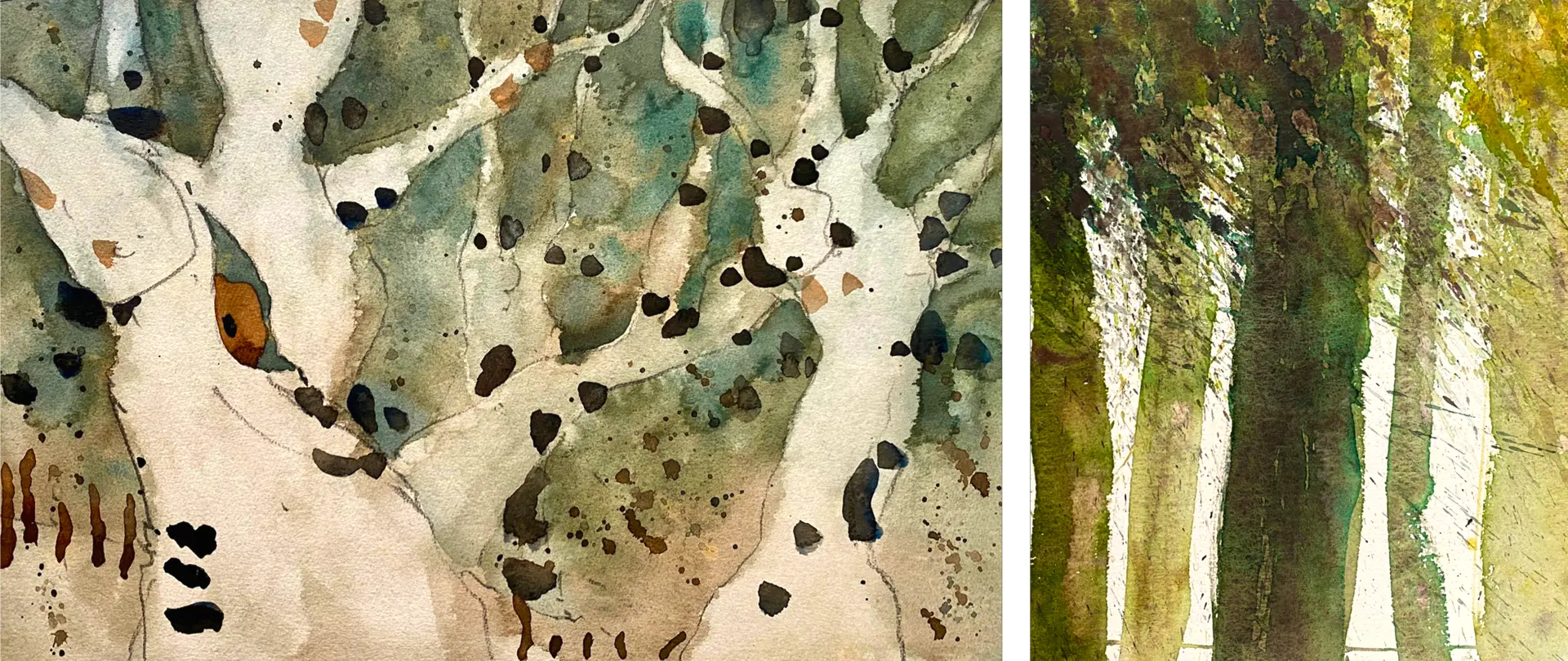 Aquarellmalerei mit abstrahierten Baumstämmen und Laub in verschiedenen Grüntönen, die kreative und künstlerische Baumdarstellungen zeigen