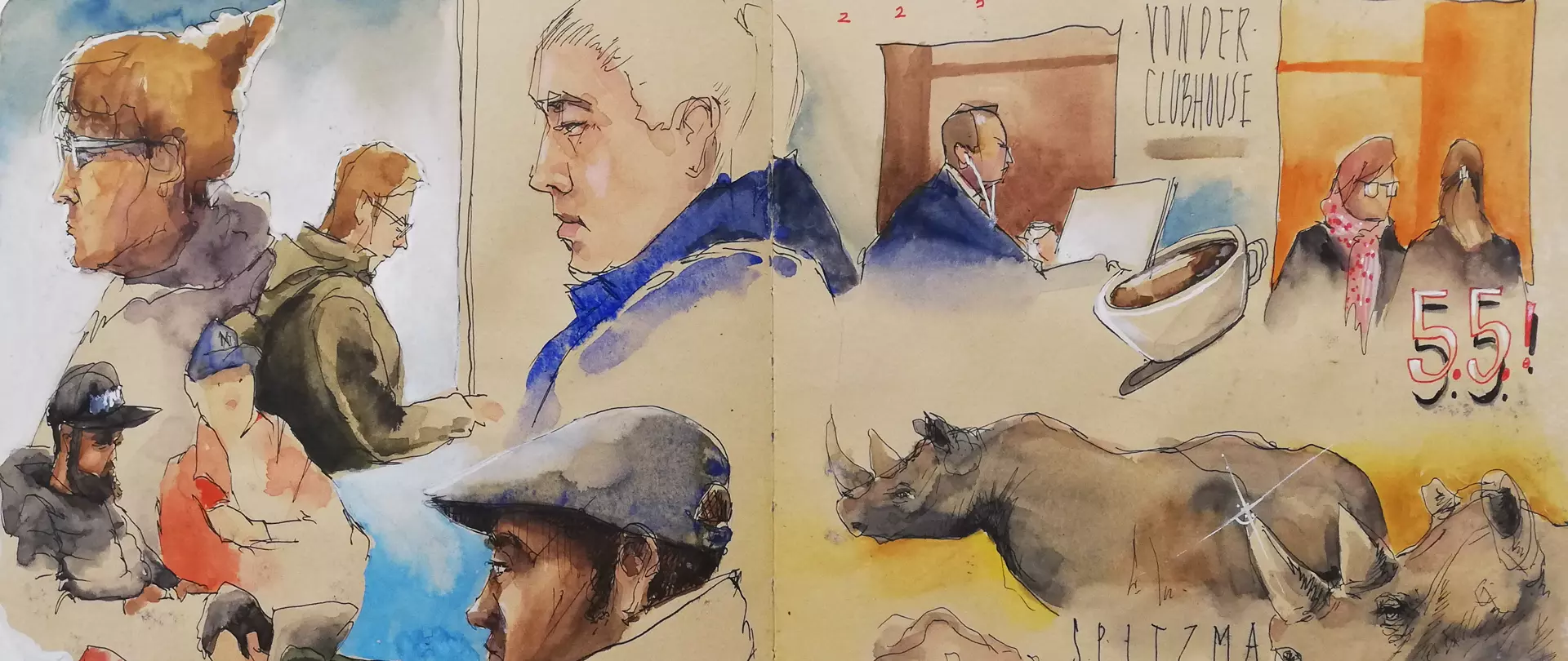 Verschiedene Porträts von Menschen und Tiere in Aquarell- und Skizzenstil, kombiniert mit urbanen Elementen und handschriftlichen Notizen