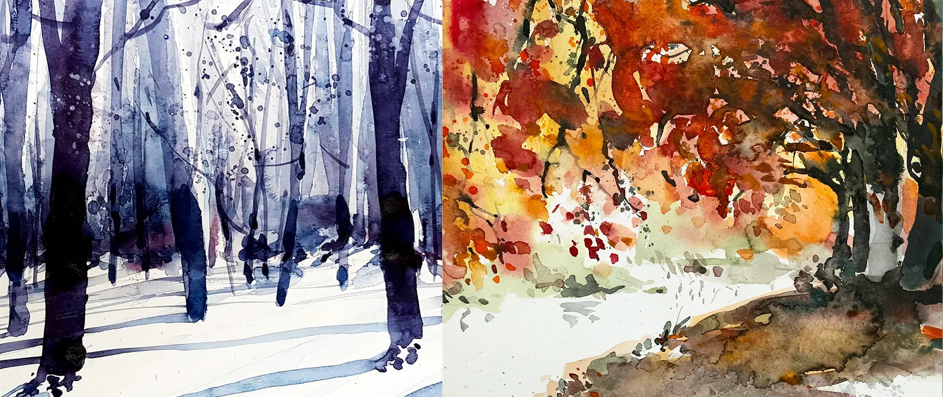 Winterlicher Wald mit kühlen Blautönen neben herbstlichem Baum mit warmen Orangetönen, Aquarellmalerei der Jahreszeitenwandel von Bäumen