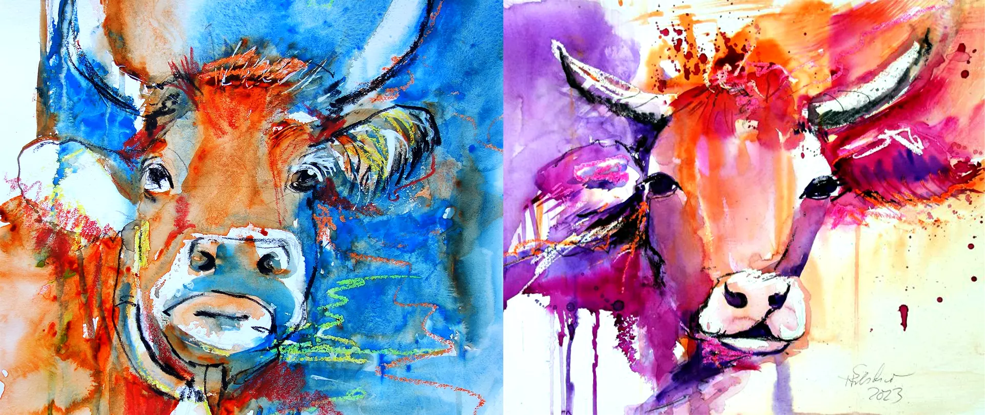 Zwei farbenfrohe und expressive Aquarellbilder von Kühen in lebendigen Orange-, Blau- und Violetttönen, die experimentelle Maltechniken zeigen