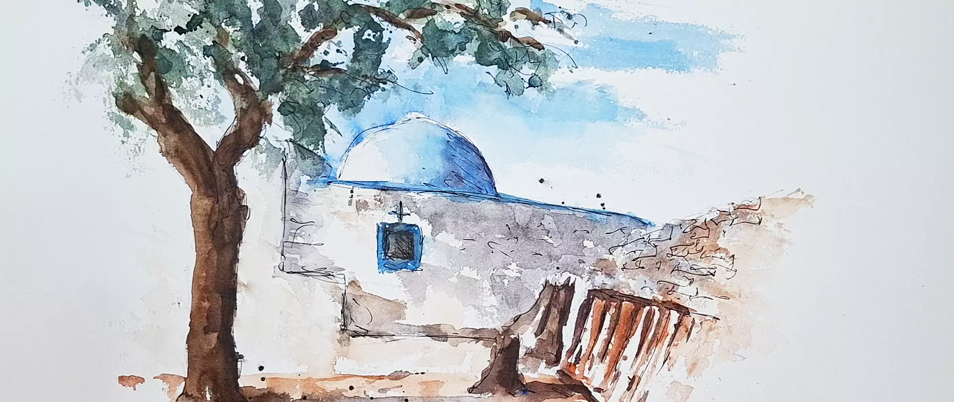 Aquarell einer mediterranen Szene mit Baum, Mauer, blauem Kuppeldach und lockerem Farbauftrag für minimalistische Maltechnik