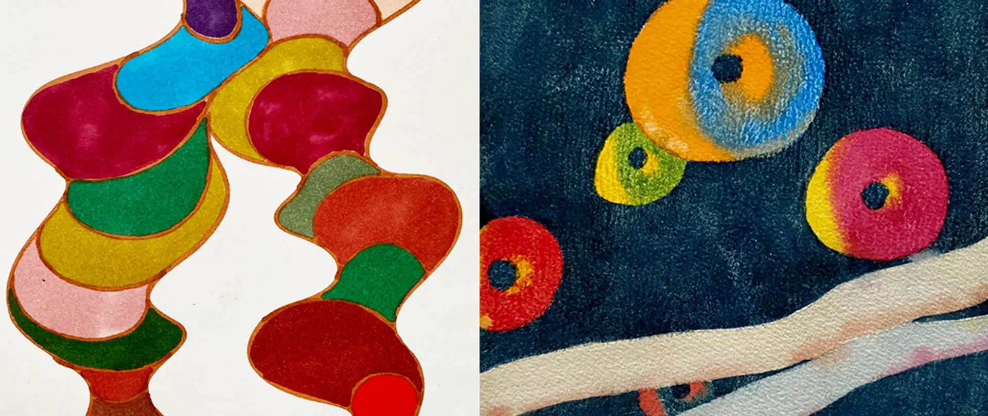 Abstrakte, farbenfrohe Aquarellformen in organischen und kreisförmigen Mustern auf weißem und dunklem Hintergrund