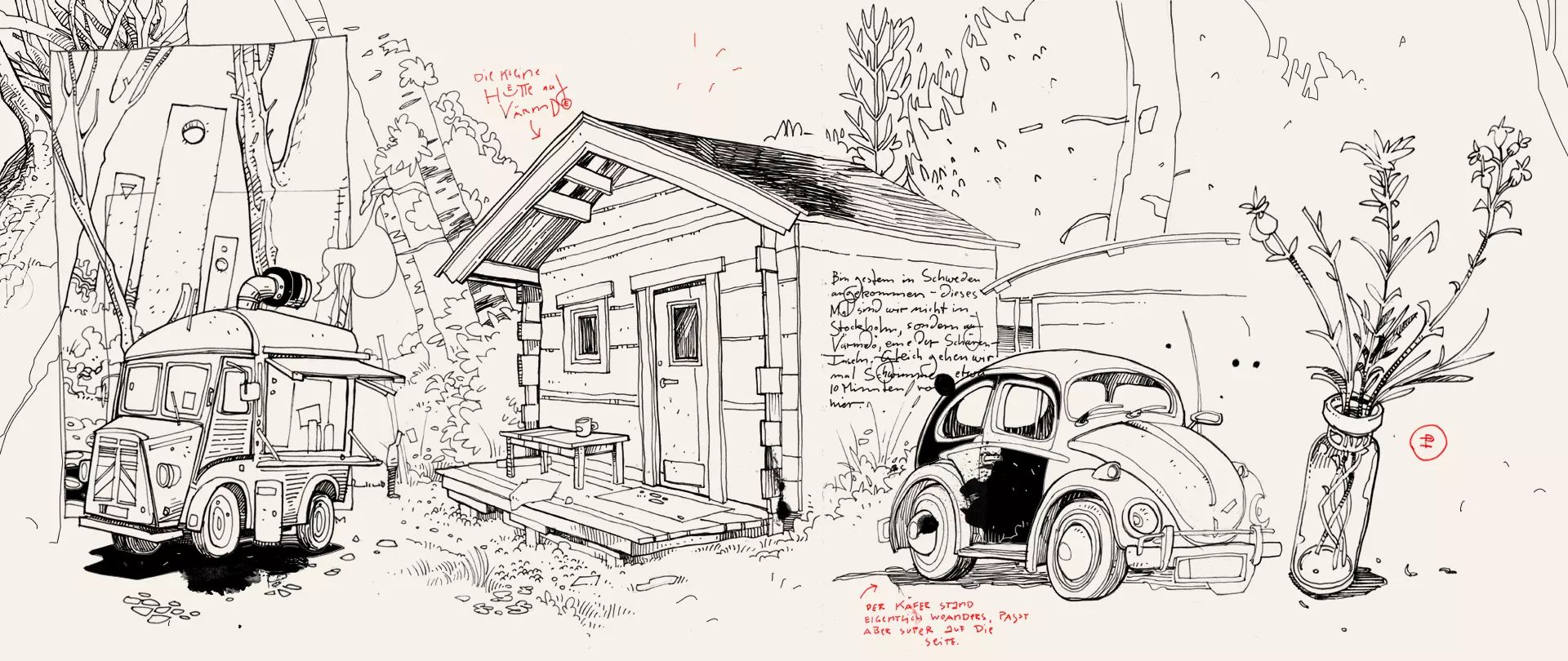 Skizzenzeichnung eines Hauses, eines alten Autos und eines Eiswagens mit handschriftlichen Notizen und Pflanzen in einer Vase