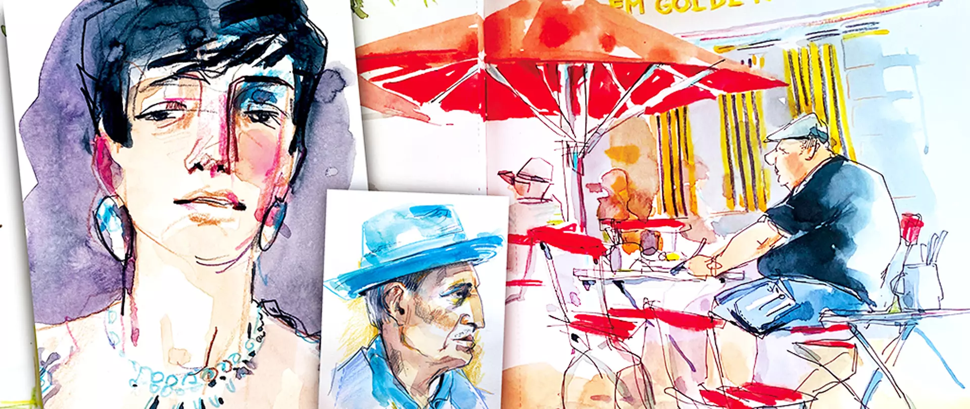 Aquarell- und Stiftportraits von Menschen mit unterschiedlichem Ausdruck, die Kreativität und Freude am zeichnerischen Porträtkurs vermitteln