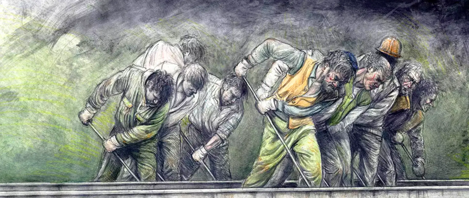 Illustration von sieben Menschen in Arbeitshaltung, die dynamisch und detailliert gezeichnet sind, um Bewegung und Spannung zu vermitteln