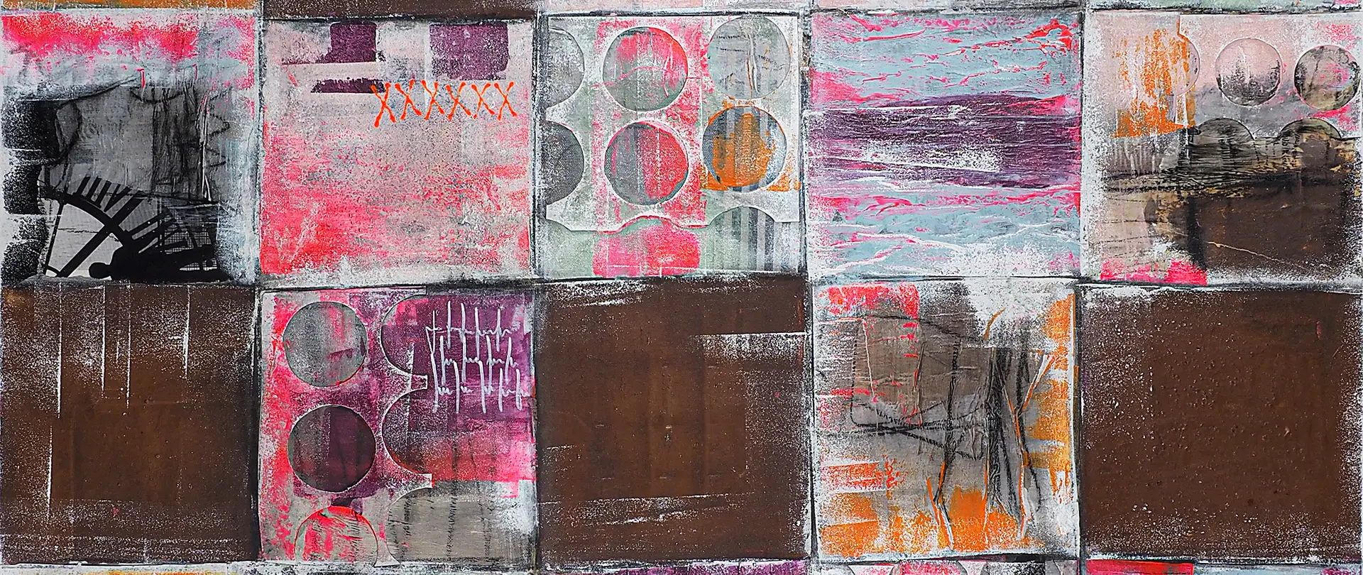 Abstraktes Großformat von Anja Krück Abstraktes Kunstbild mit geometrischen Formen, lebendigen Farben und vielfältigen Texturen, das kreative Komposition und Ausdruck im Intensivkurs darstellt