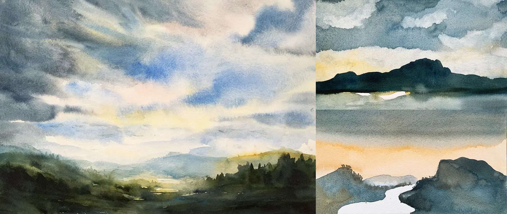 Aquarellmalerei mit vielfältigen Wolkenformationen über Landschaften und Bergen in verschiedenen Stimmungen und Farben