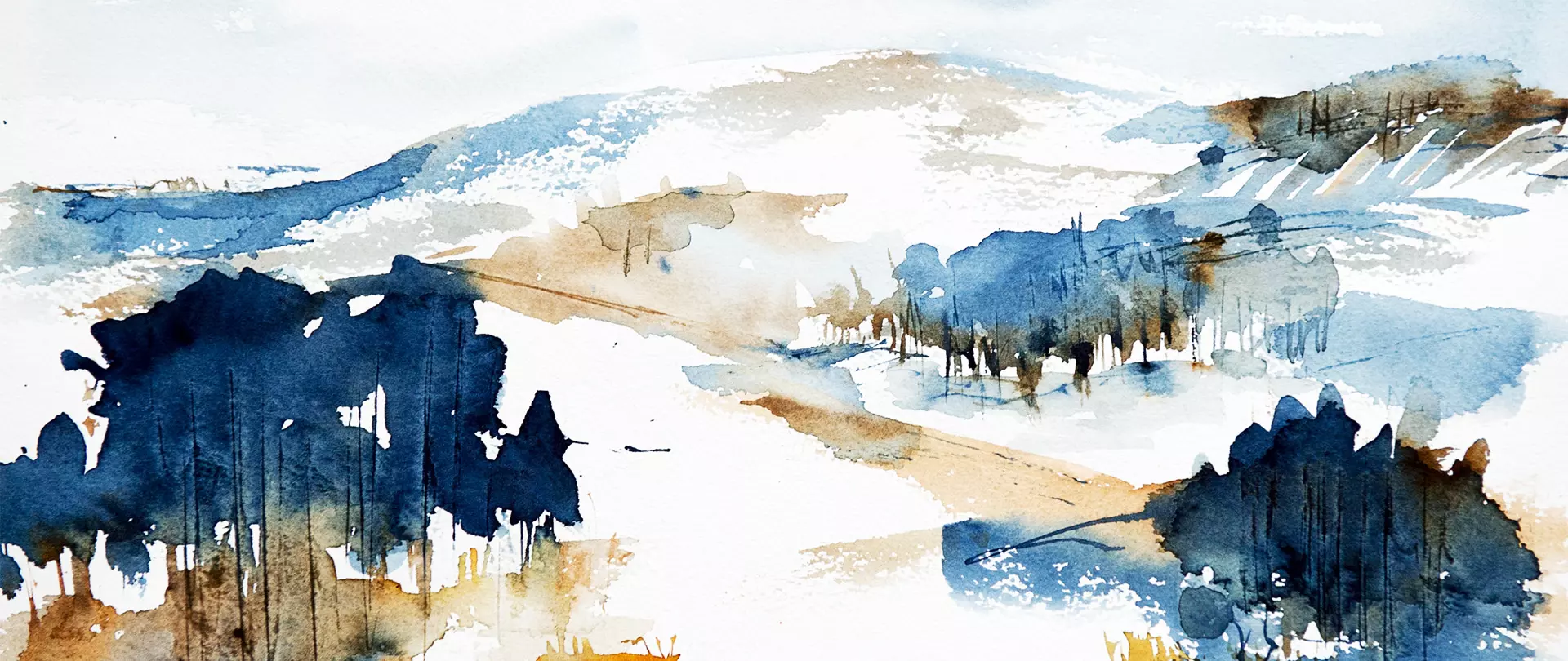 Aquarell-Landschaft mit abstrakten Bergen, Bäumen und Lichtreflexen, die freie und lockere Malerei von natürlichen Motiven zeigt