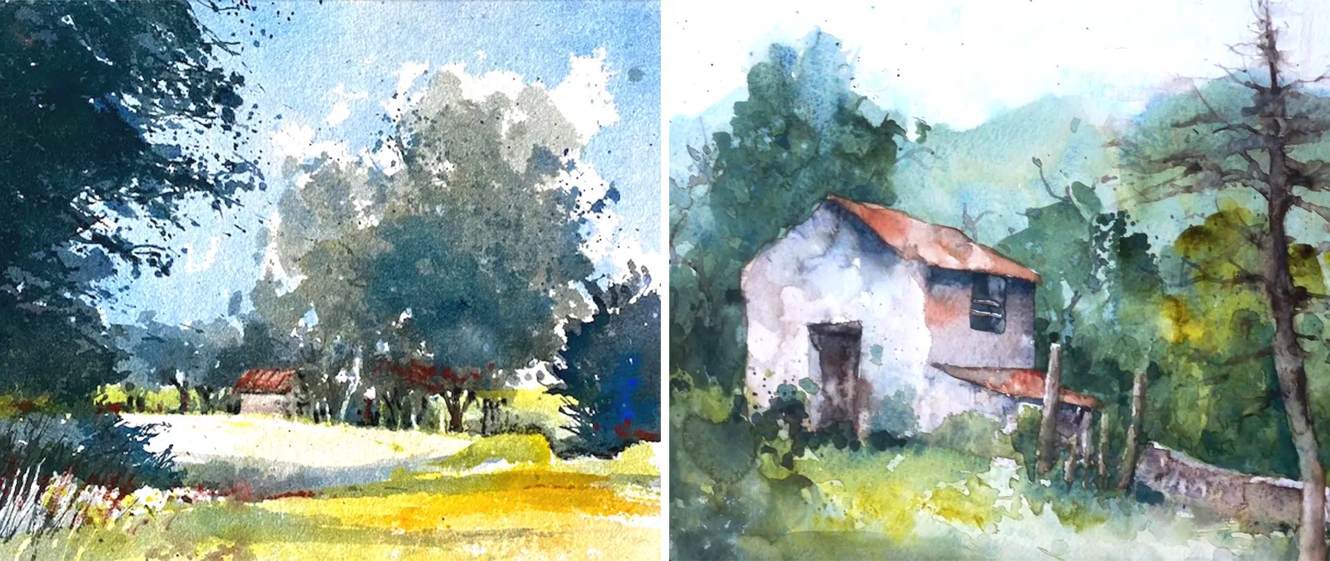 Zweistufige Aquarellmalerei mit Landschaften, Bäumen und Häusern, die lebendige Natur und kreative Pinseltechniken im Kurs "Mit dem Pinsel unterwegs" zeigt