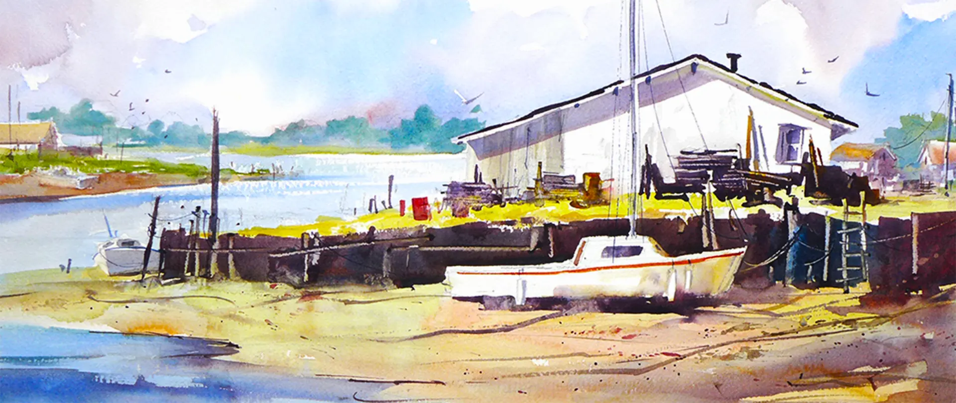 86e67064 9735 4184 be39 713c1dbc6179 Aquarell einer sonnigen Hafenszene mit Boot, Steg und Gebäude, das Licht- und Schatteneffekte sowie Kontraste zeigt