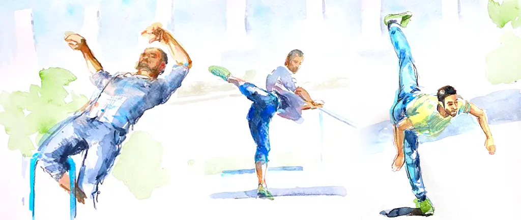 Aquarellillustrationen von drei Männern in unterschiedlichen dynamischen Tanz- und Bewegungsposen