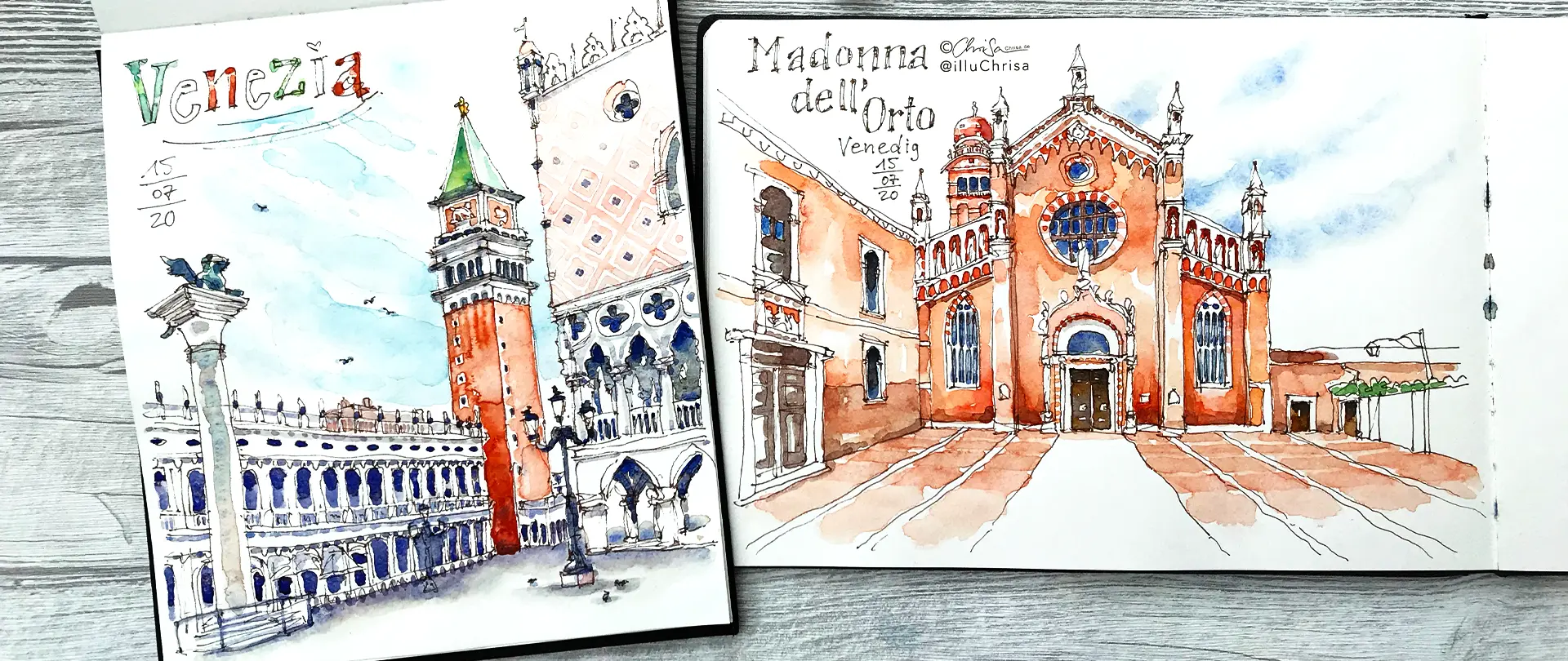 Skizzenbuch mit Aquarell-Skizzen von venezianischen Bauwerken, darunter der Markusplatz und die Kirche Madonna dell’Orto