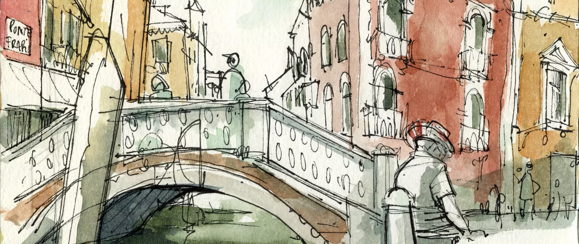 Urban Sketching einer Brücke über einen Kanal in einer Stadt mit mehreren Gebäuden und Personen auf der Brücke und am Ufer erstellt von artistravel Dozentin Nicola Maier-Reimer