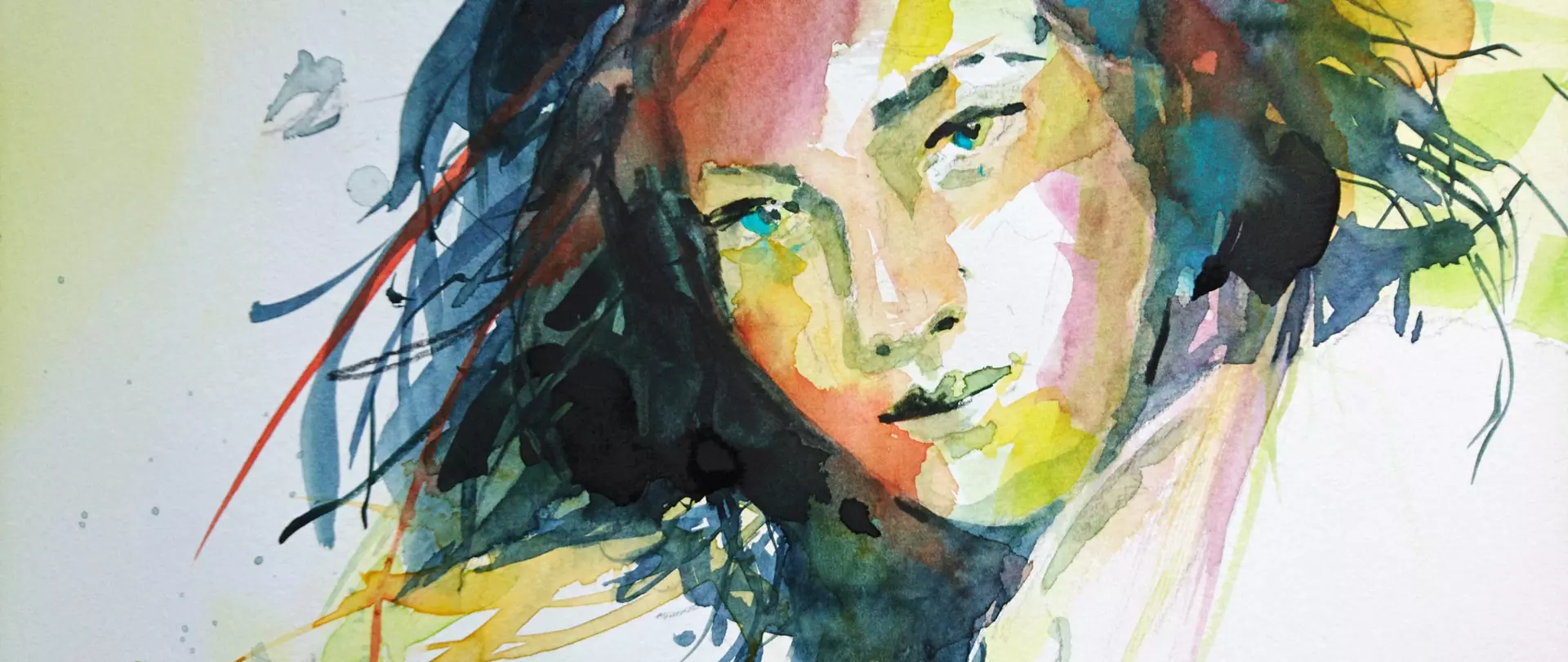 Farbintensives Aquarellporträt einer Frau mit ausdrucksstarkem Blick, das kreative Emotionen und Maltechniken im Kurs Faszination Malerei vermittelt