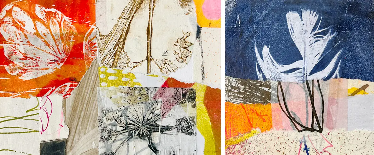 Bunte Mixed Media Collage mit Blättermotiven, abstrakten Formen und verschiedenen Strukturen in warmen und kühlen Farbtönen