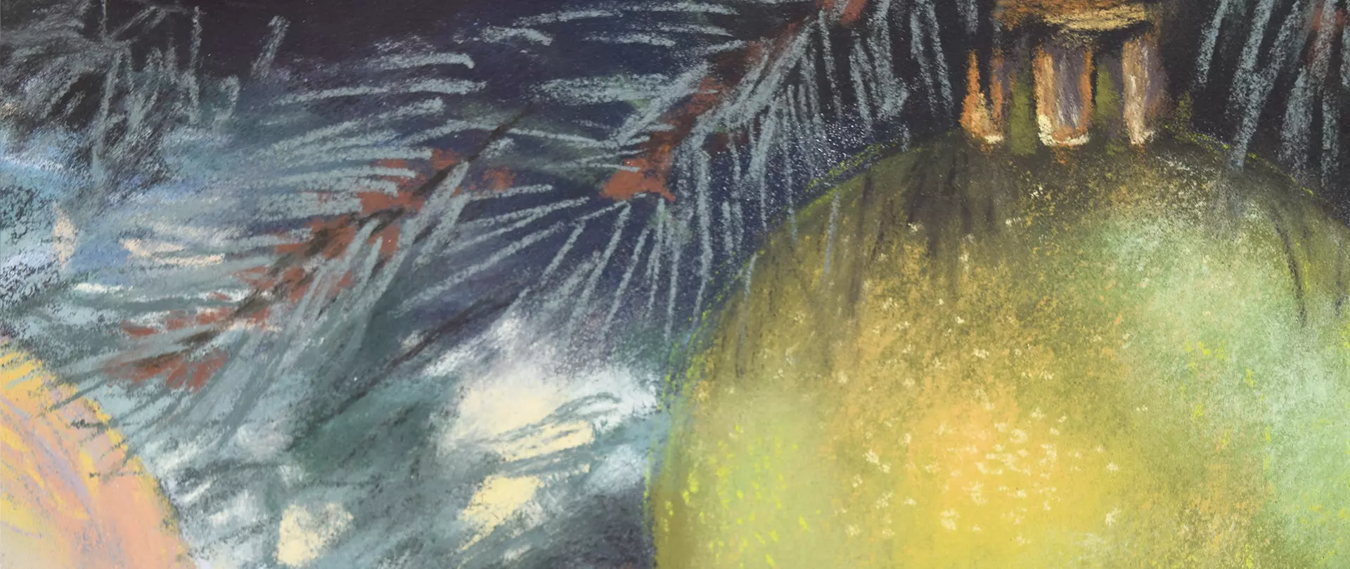 Weihnachtliche Pastellzeichnung mit Tannenzweigen, Kerzenlicht und glänzender Christbaumkugel für besinnliche Adventsstimmung