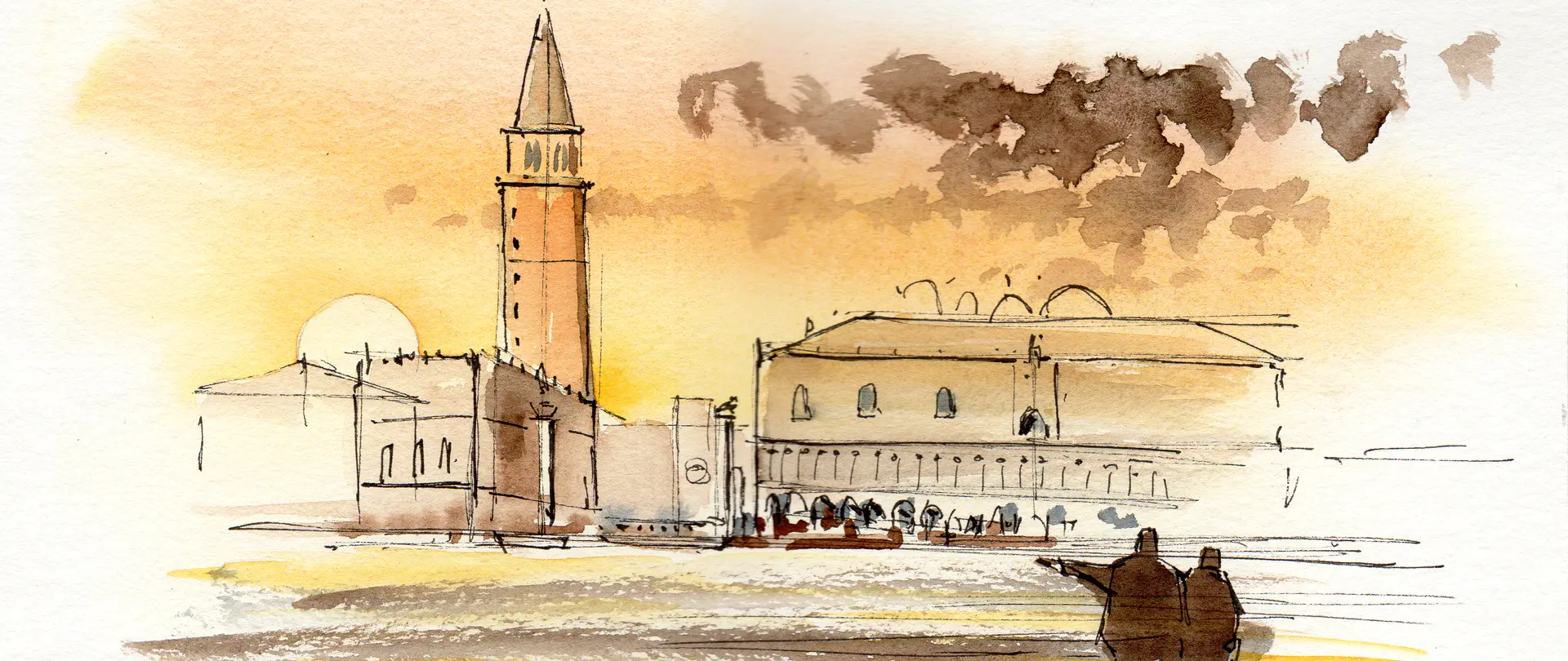 Aquarellskizze von Venedig mit Turm, historischen Gebäuden und zwei Personen, die auf die Stadt blicken, eingefangen in warmen Sonnenuntergangsfarben
