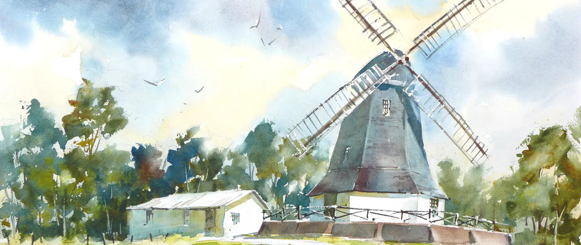 Aquarellmalerei einer Windmühle mit Haus vor bewaldetem Hintergrund, die harmonische Komposition und Farben vermitteln kreative Inspiration für Bildgestaltung