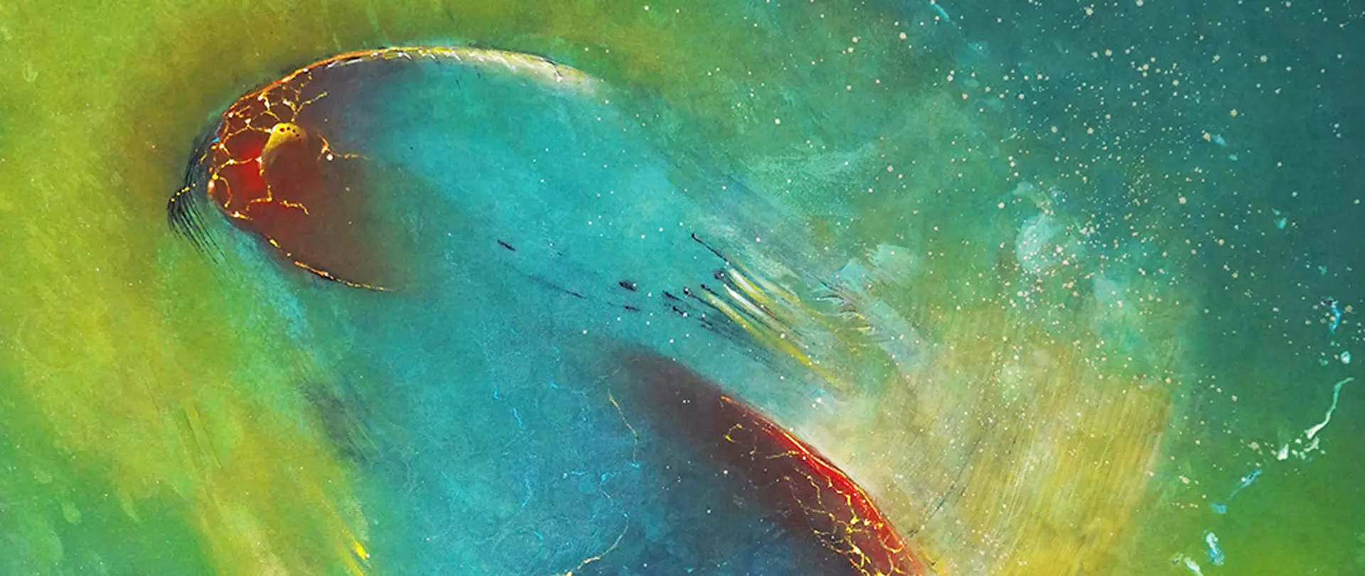 Abstraktes Acrylgemälde mit fließenden Formen in Blau, Grün und Rot, die an eine Unterwasserlandschaft erinnern erstellt von artistravel Dozent Hinrich Schüler