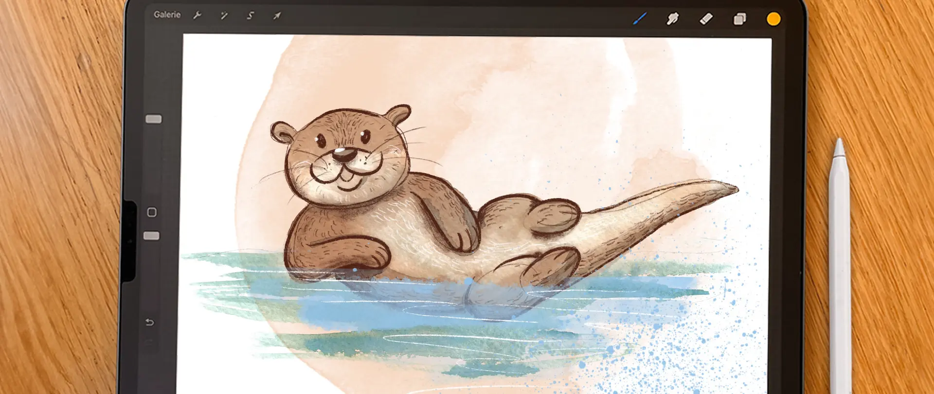 Zeichnung einer entspannten Otter-Illustration auf einem Tablet mit digitalem Zeichenstift, Beispiel für Procreate-Anfängerkurs