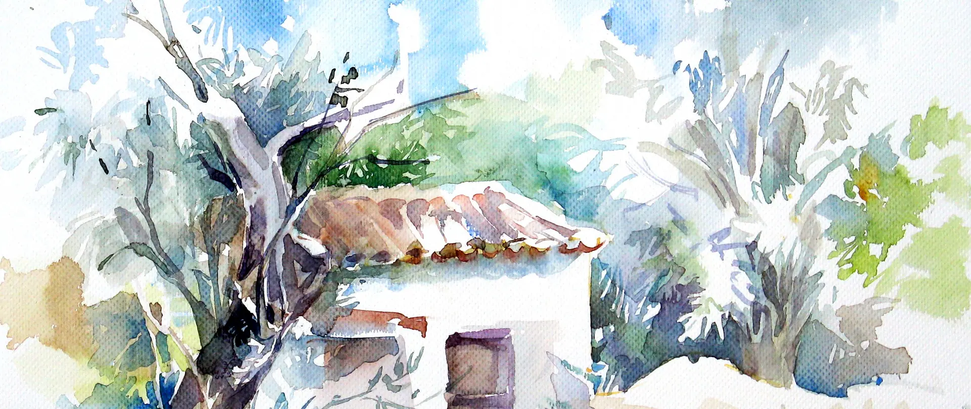 Aquarellmalerei einer Landschaft mit einem kleinen Haus, Bäumen und sanften Farbtönen, die Licht- und Schatteneffekte betonen