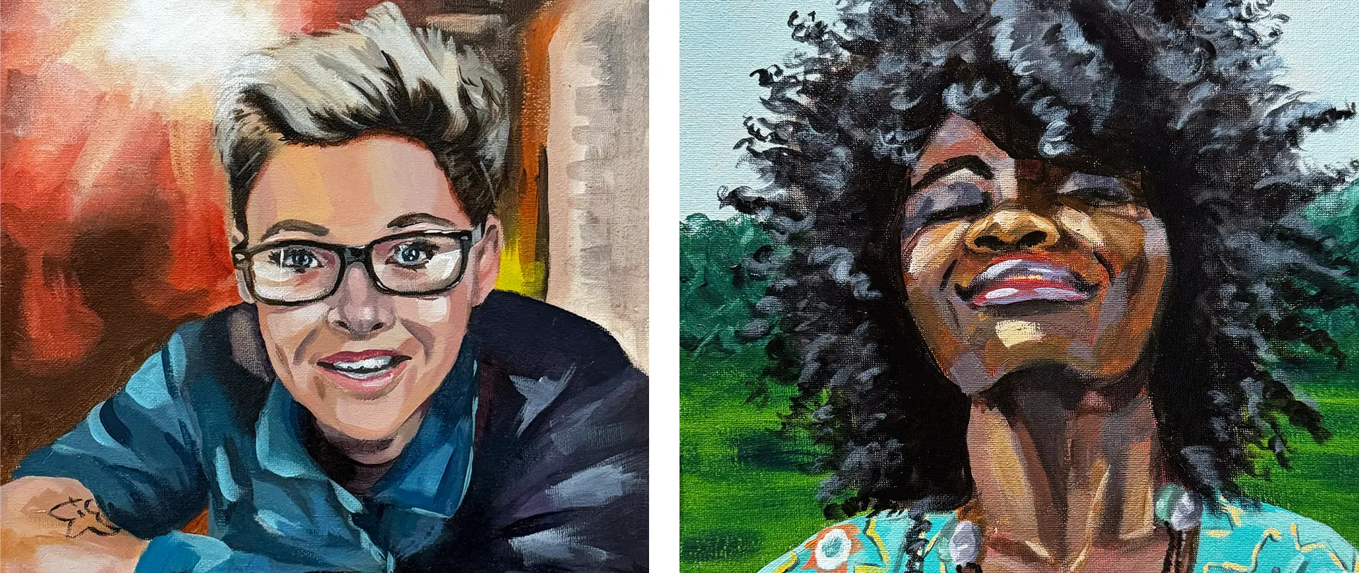 Zwei ausdrucksstarke Acrylportraits von Personen mit unterschiedlichen Haarfarben und Stil, die kreative Vielfalt und lebendige Farben im Portraitkurs zeigen