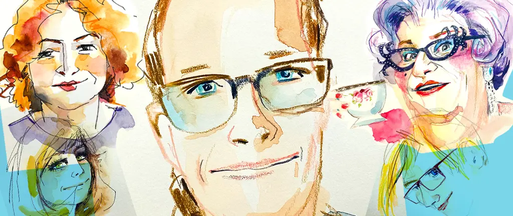 Farbenfrohe Aquarell-Porträtskizzen verschiedener Gesichter mit verschiedenen Ausdrucksformen und Brillen als Inspirationsquelle zum Zeichnenlernen