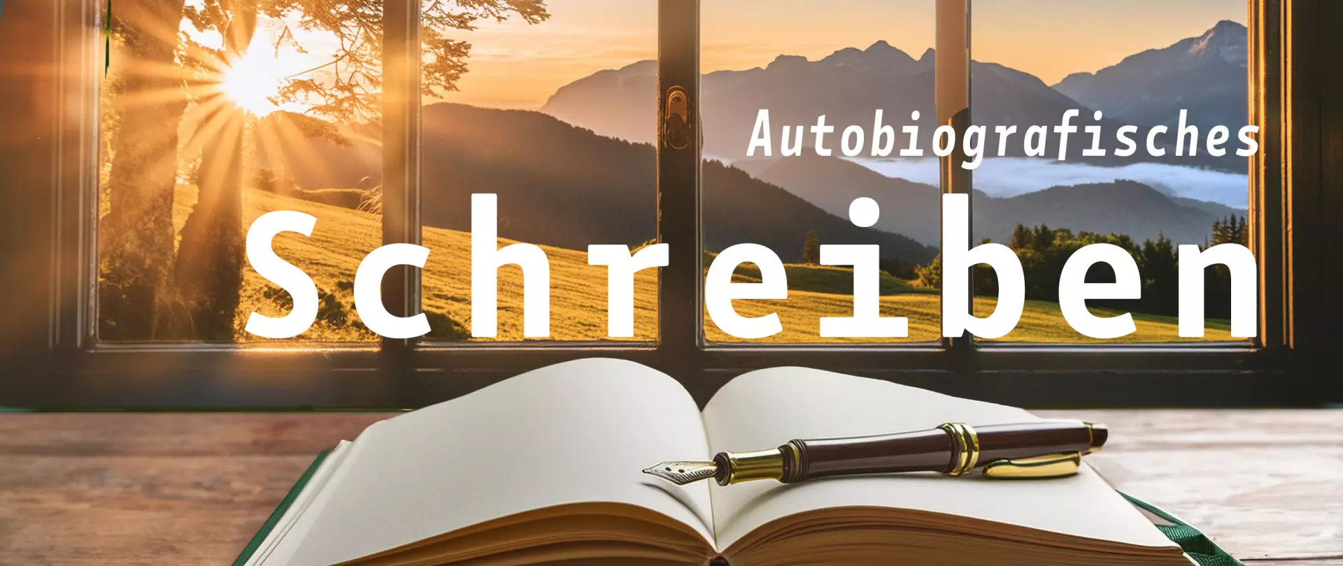 Aufgeschlagenes Buch vor einem fenster. Auf dem Buch liegt ein Schreibfüller.