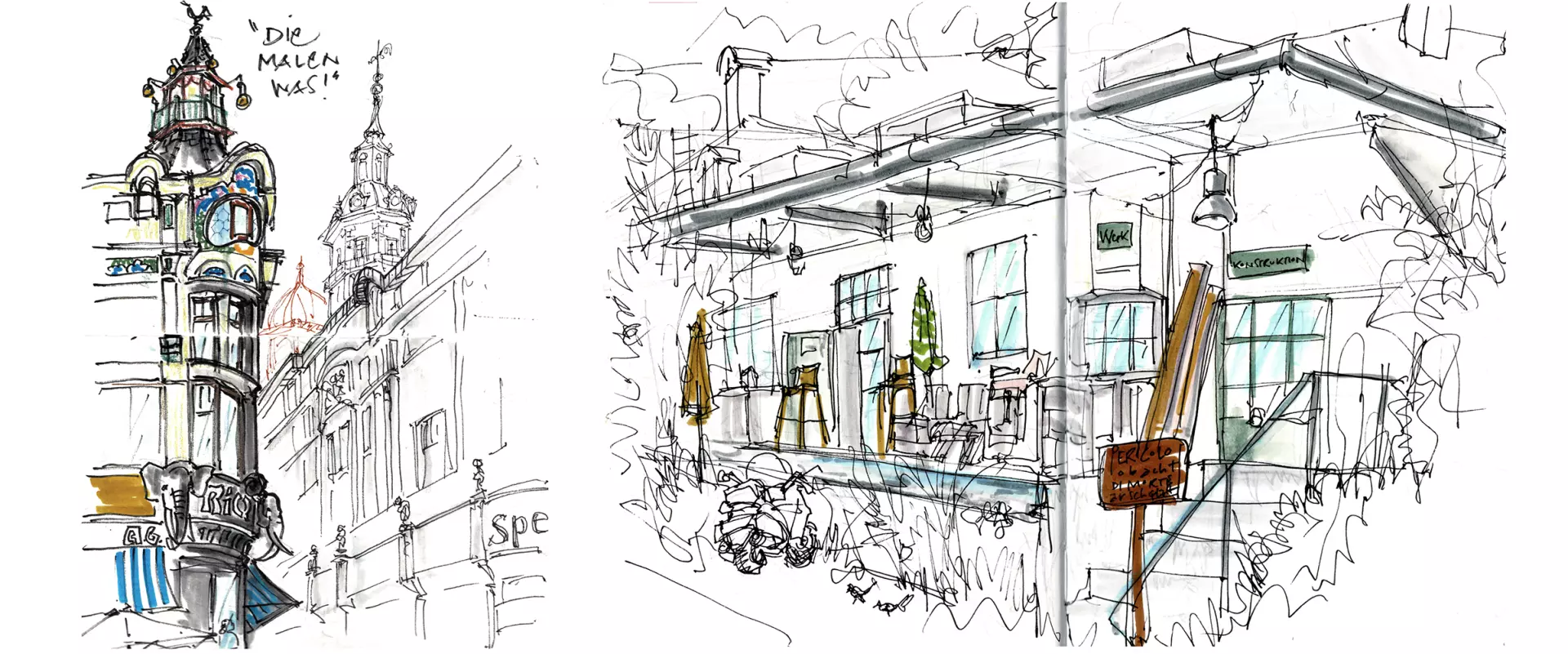 Skizze einer historischen Gebäudefassade mit Turm und einer Straßenszene mit Caféterrasse und Schildern erstellt von artistravel Dozentin Anette Leutloff