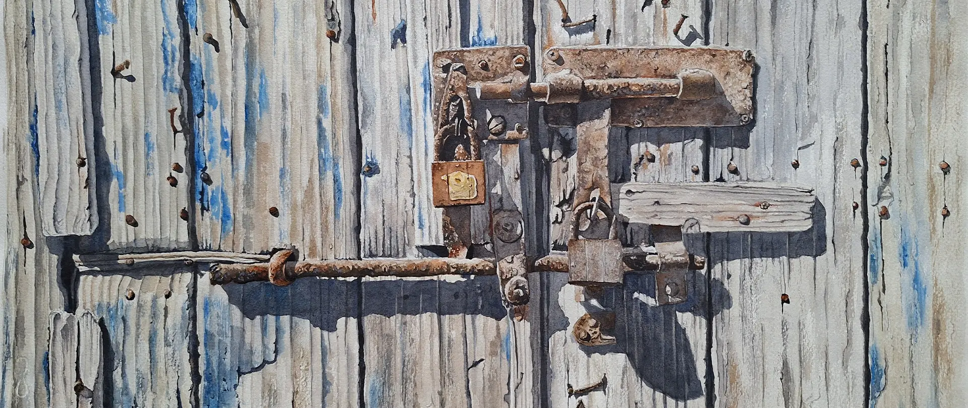 AT2027 19 20. Juni · Nina Niederhausen · Hattingen · Aquarell, Landschaft, Architektur · Deutsch Strukturen im Aquarell Wo Holz atmet und Farben altern Verwitterte Holztür mit rostigen Schlössern und Metallriegeln zeigt gealterte Strukturen in Aquarelltechnik