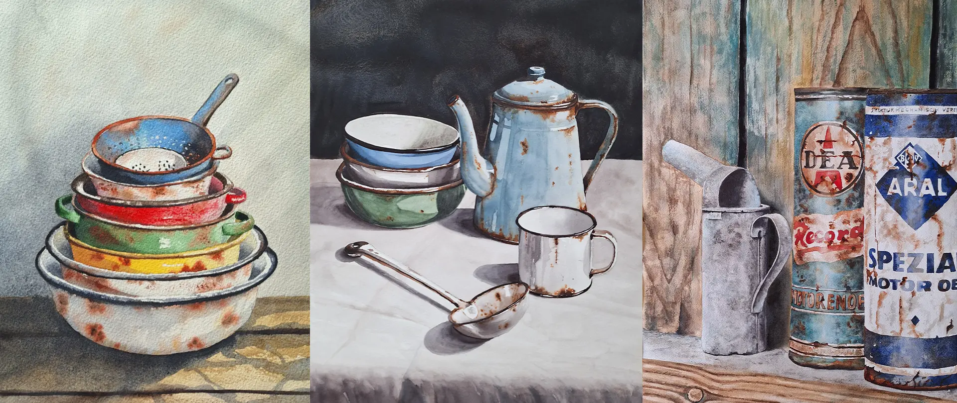 AT2027 23 24. Oktober · Nina Niederhausen · Hattingen · Aquarell, Landschaft, Architektur · Deutsch Alltagsgegenstände im Aquarell Patina & Rost Aquarellmalerei von alten Alltagsgegenständen mit Rost und Patina, die Gebrauchsspuren und Schönheit des Unperfekten zeigen