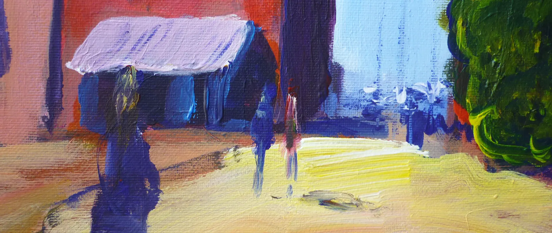 Menschen in impressionistischer Malerei vor Gebäuden mit blauem und grünem Hintergrund, vermittelt stimmungsvolle Darstellung und künstlerische Umsetzung