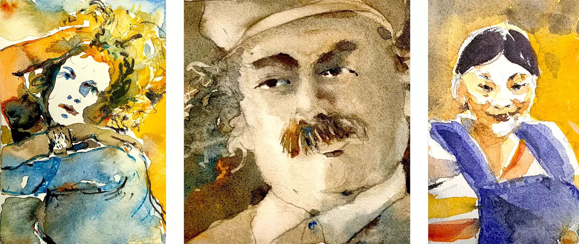 Drei Aquarellporträts mit lebendigen, expressive Gesichtern in verschiedenen Farben, die unterschiedliche Stimmungen und Charaktere zeigen