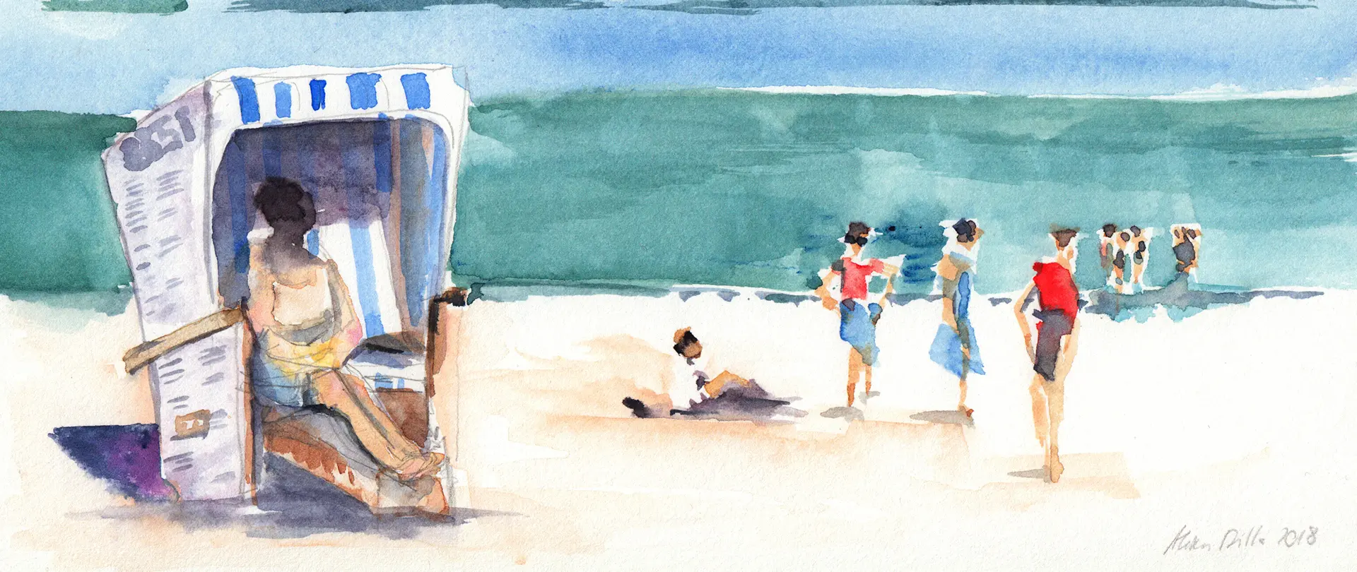 Wasserfarbe eines Strandes mit Personen, die entspannen, in einem Strandkorb sitzen und am Meer entlanggehen, als Reiseskizzen-Übung