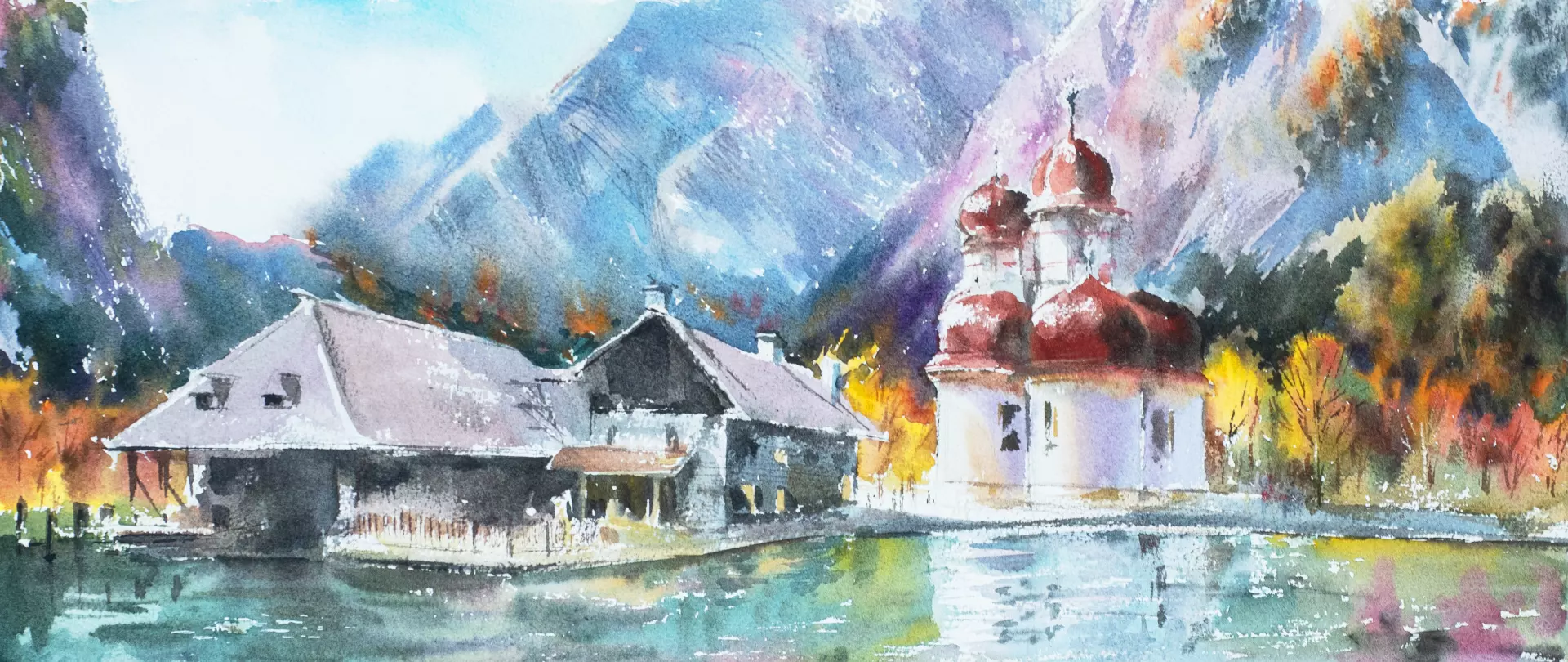 Der Königsee im Berchtesgadener Land in Aquarell von Alexander Leybovich.