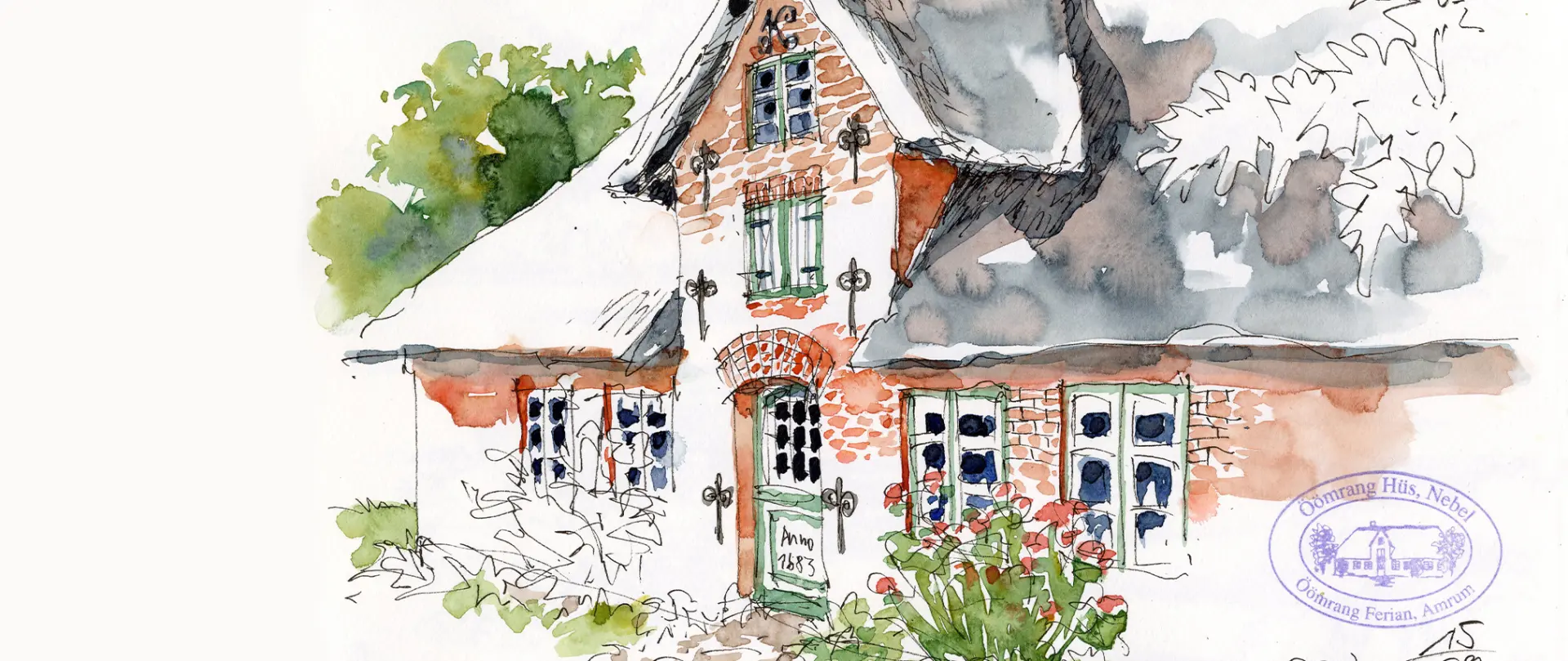 Aquarellskizze eines traditionellen Amrumer Reetdachhauses mit grünen Pflanzen und blühendem Garten in lockerer, unperfekter Strichführung