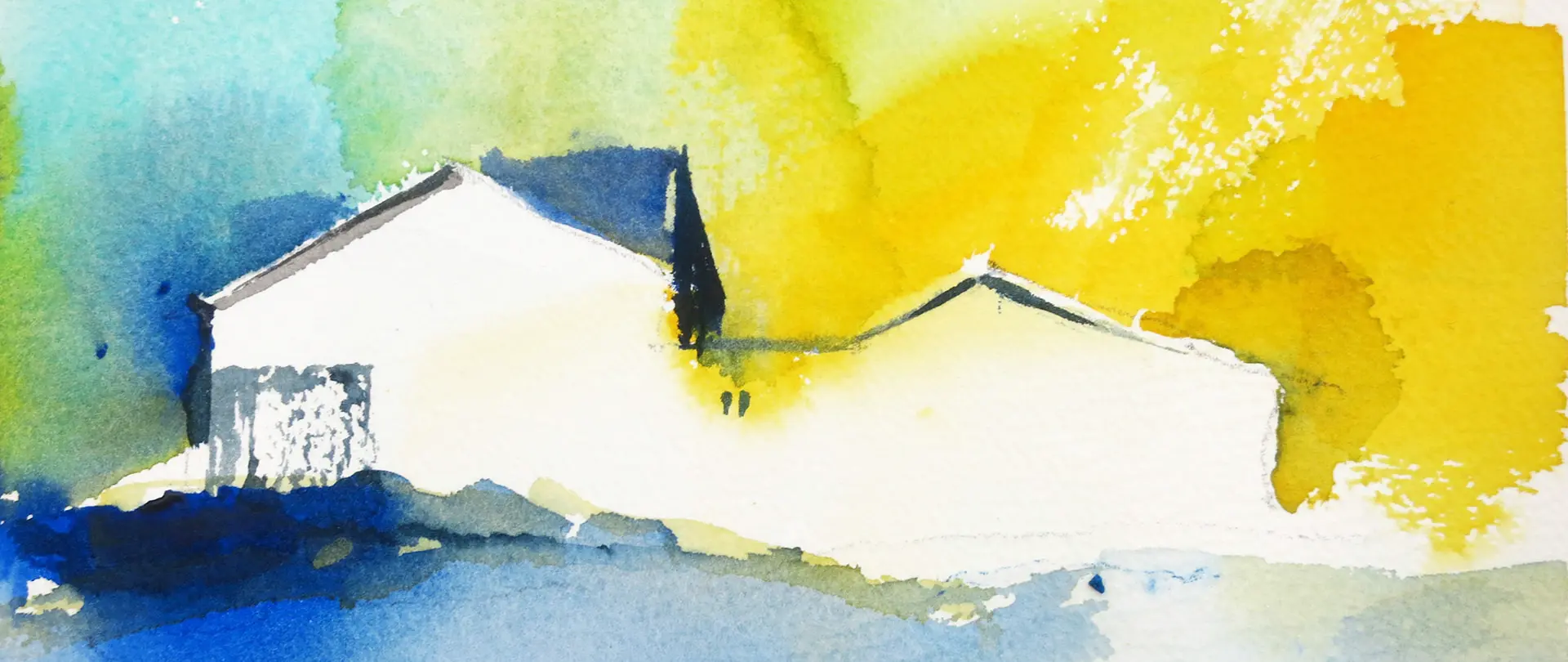 Abstrakte Aquarellskizze mit zwei Gebäuden, leuchtenden Gelb- und Blautönen, die kreative Maltechniken und künstlerische Eindrücke im Reiseskizzenkurs zeigt