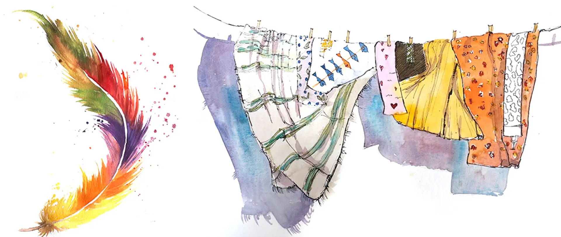 Bunte Aquarellfedern und verschieden gestaltete bunte Stofftücher an einer Wäscheleine als Beispiel für Aquarellmalerei für Anfänger