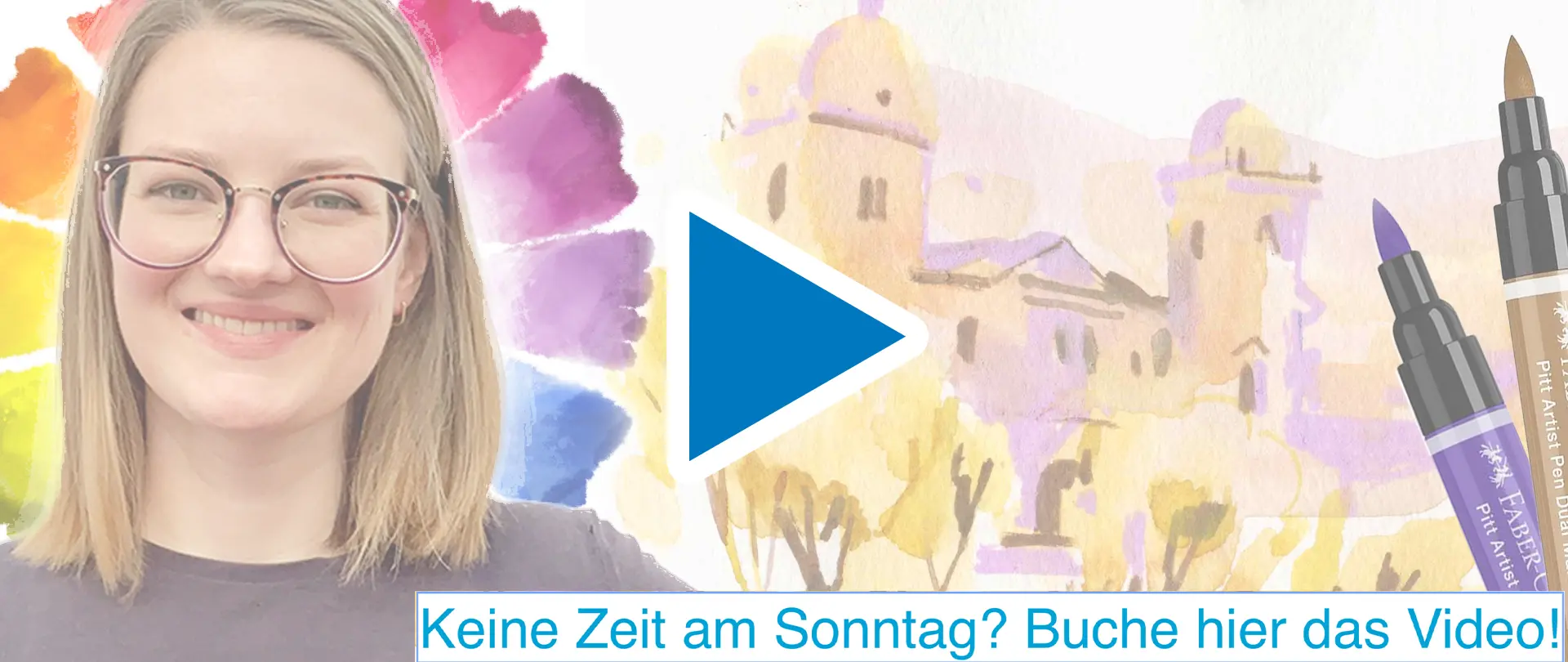 Jenny Adam vor Aquarellskizze einer Stadt mit Pinselmarkern, Hinweis auf Kompaktkurs Mixed Media Urban Sketching als Video-Aufzeichnung
