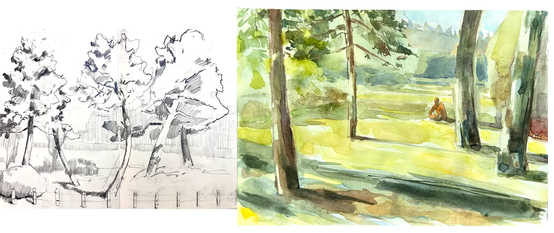 Zwei Landschaftsskizzen mit Bäumen und Parklandschaft in Bleistift und Aquarell, inspiriert von Wiener Parks und Gärten
