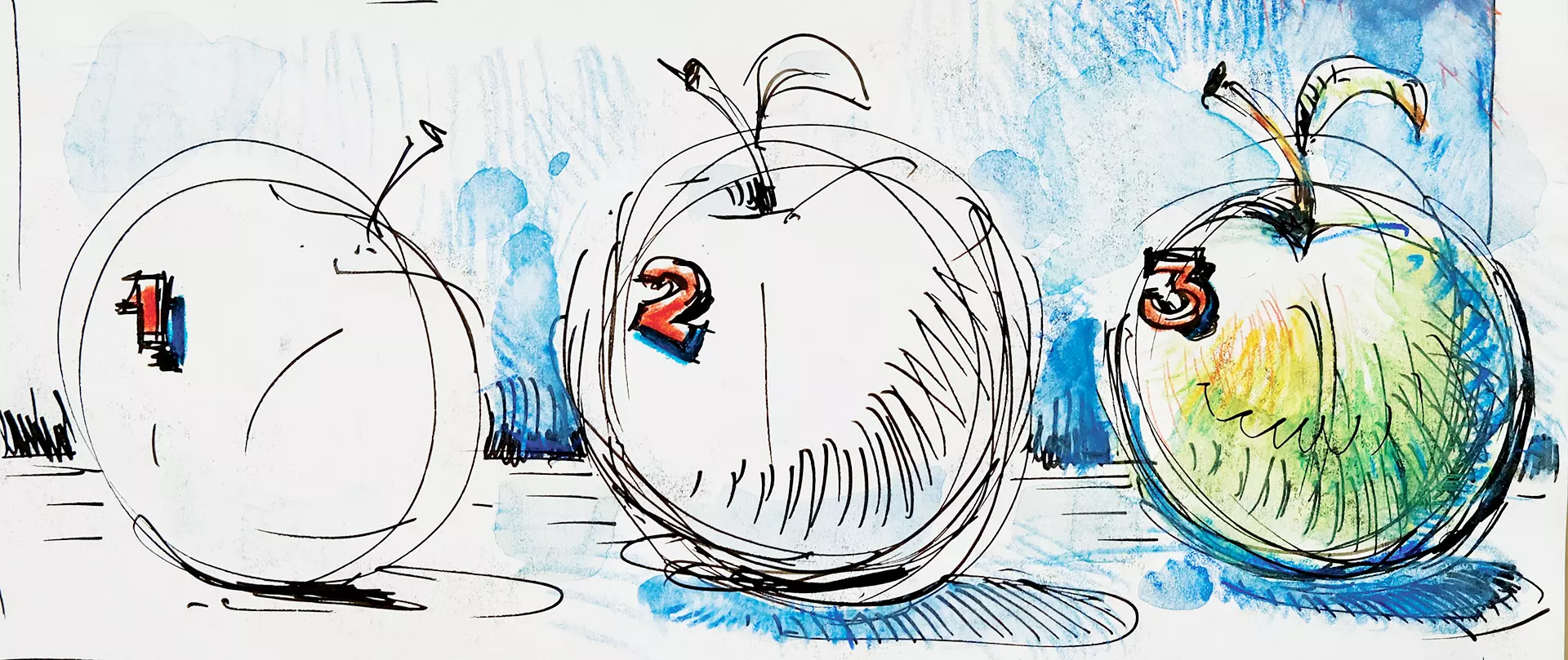 Drei skizzierte Äpfel mit den Zahlen 1, 2 und 3, die den Zeichenprozess Schritt für Schritt visualiseren