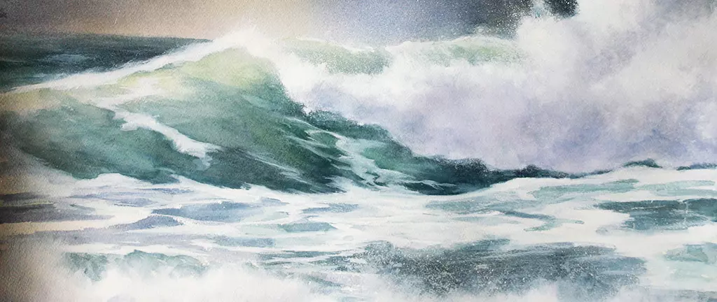 Aquarell eines stürmischen Meeres mit hohen Wellen und schäumender Gischt aquarell, erstellt von artistravel Dozentin Anke Gruss