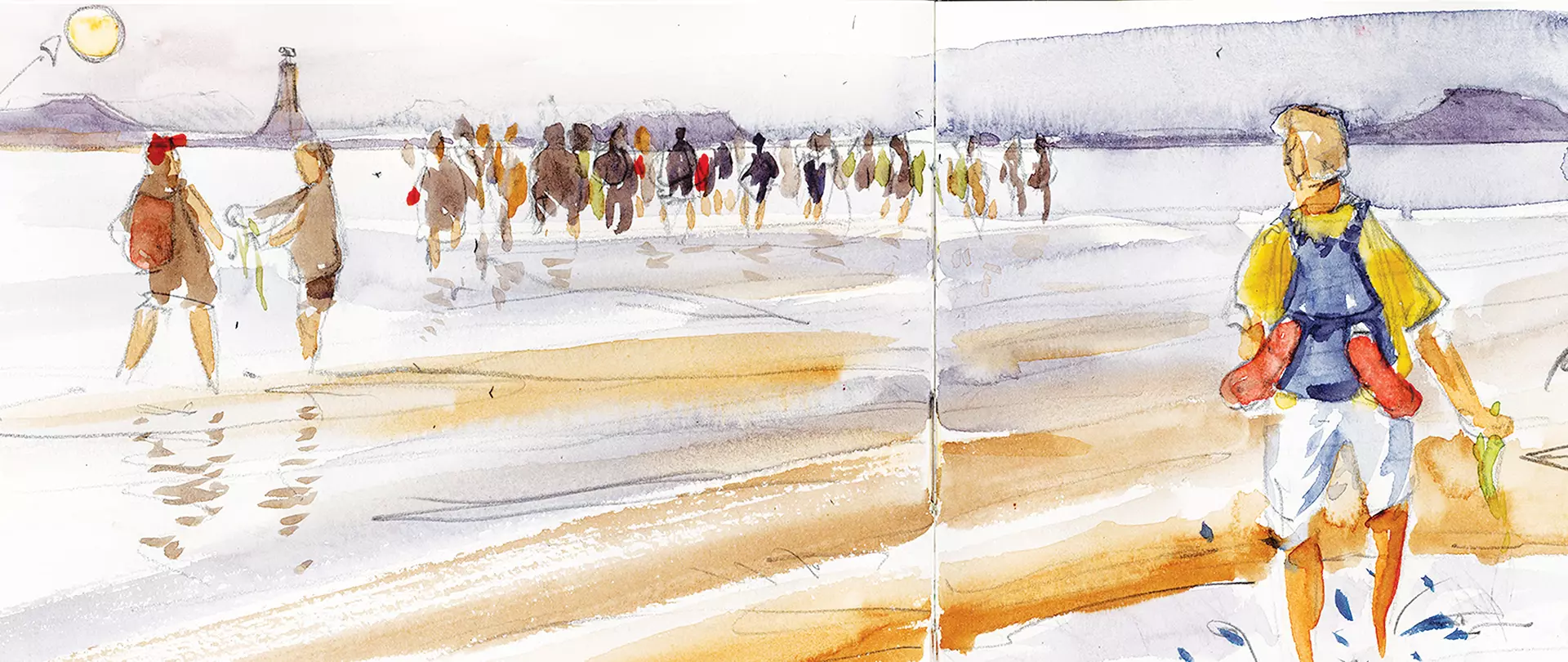 Malerische Aquarellskizze von Menschen am Strand mit Wasser, Wellen, Möwen und sanftem Sonnenuntergang in lockeren, schnellen Pinselstrichen