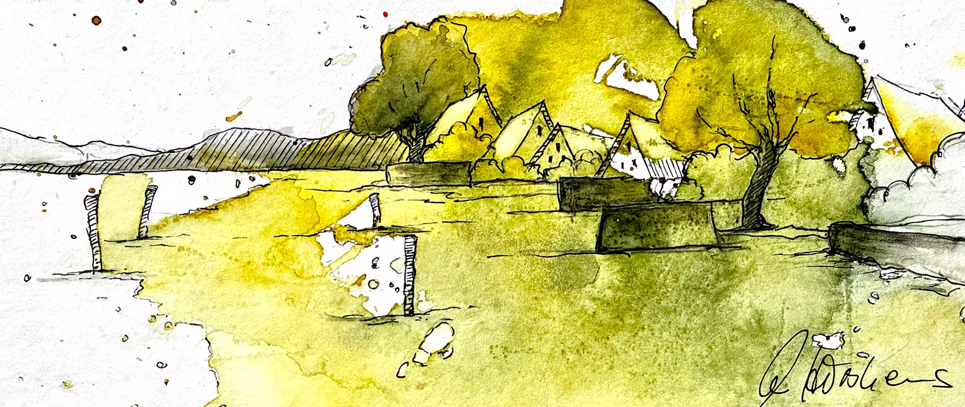 Aquasketching Landschaft am Bodensee mit Bäumen, Häusern und Wasser in Gelb- und Grüntönen gemalt von artistravel Dozentin Anita Hoerskens